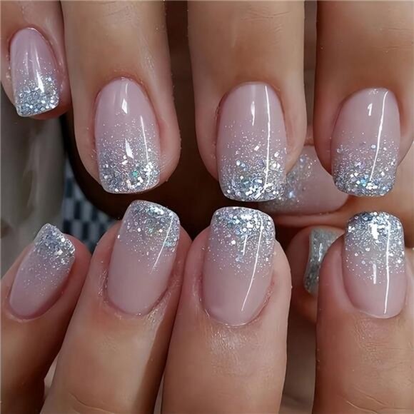 24-Piece Set Natural Pink Glitter French Tip - Picture 1 of 5